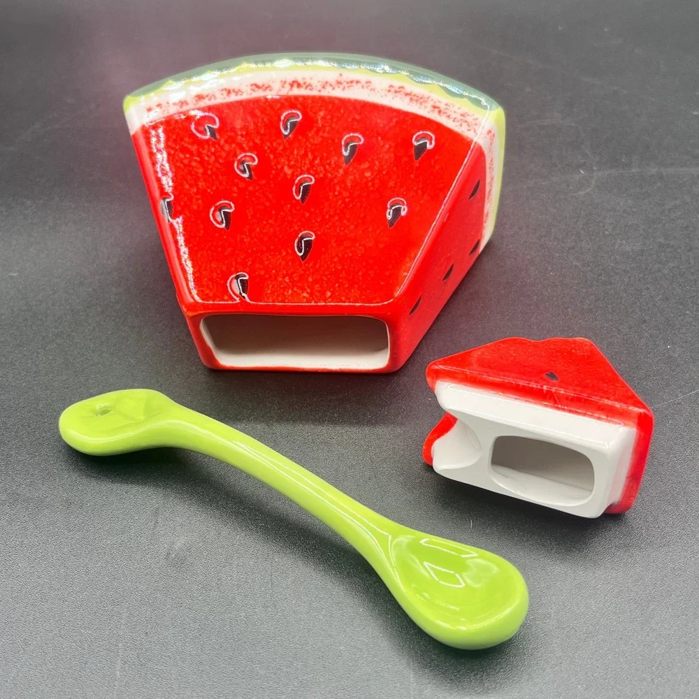 Watermelon Ceramic Serving Set Divided Tray Creamer Sugar Summer Decor 3pc 9